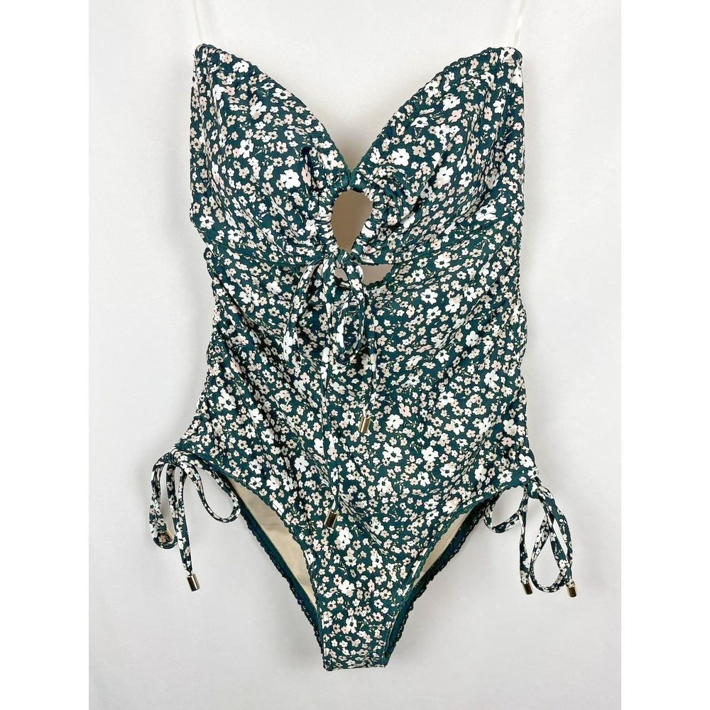 NWT Peony Forest Green Floral Ruched One Piece Swimsuit Boho Swimwear US 6